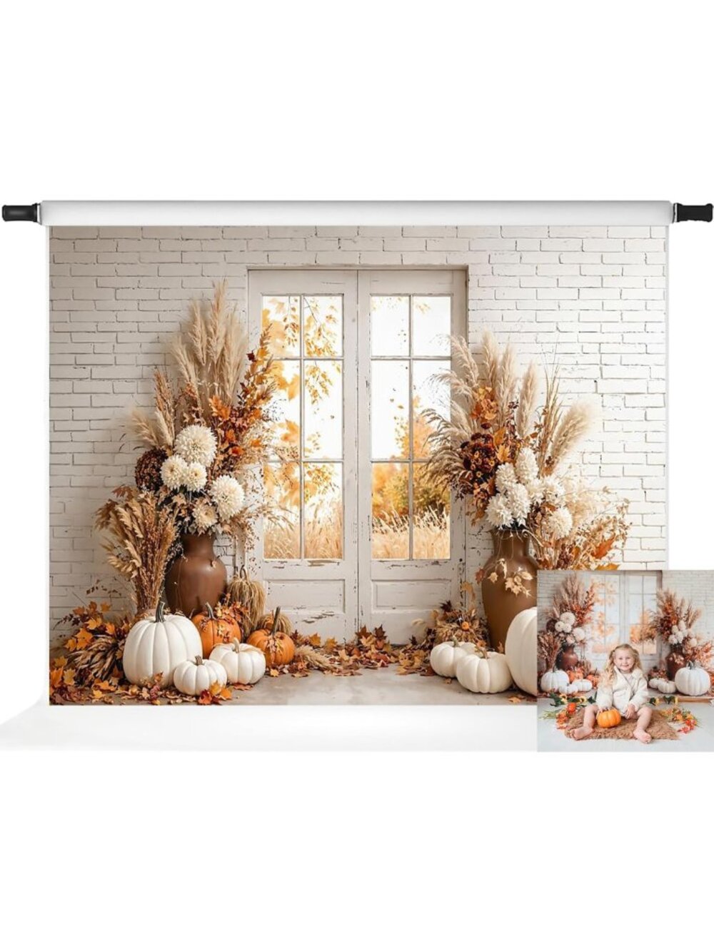 Autumn Harvest Pumpkin Photography Backdrop, Boho Theme, 10x8ft White Brick Wall